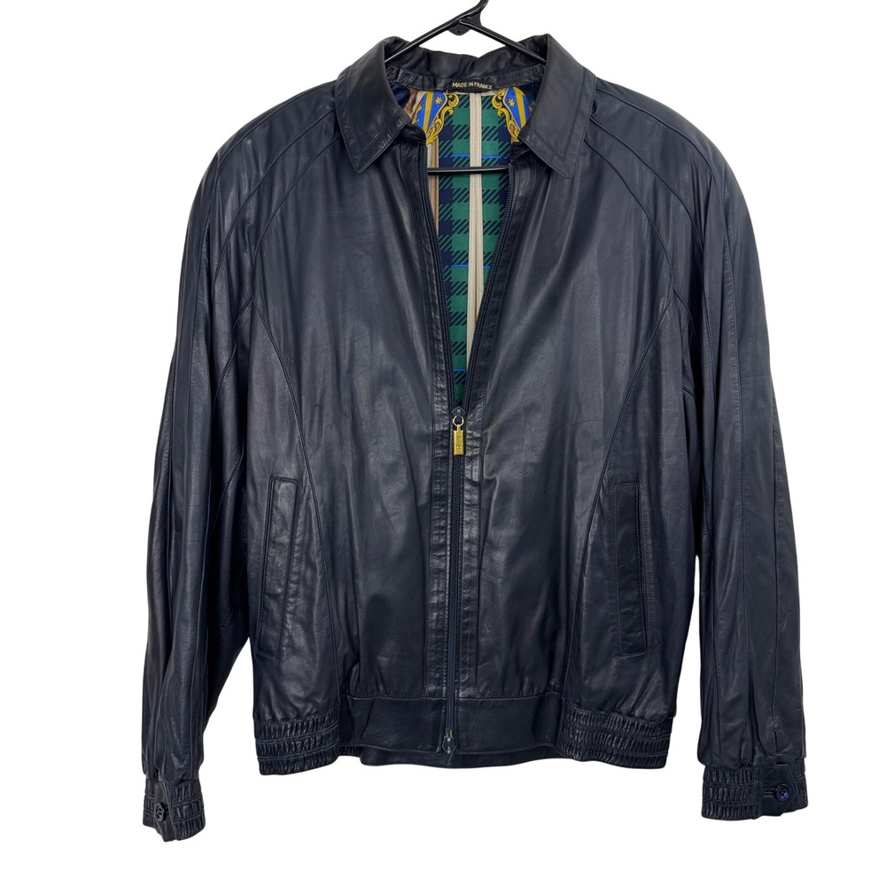 Zilli Jacket Mens 48 Navy Blue Leather Bomber Full Zip Made In France Silk Lined